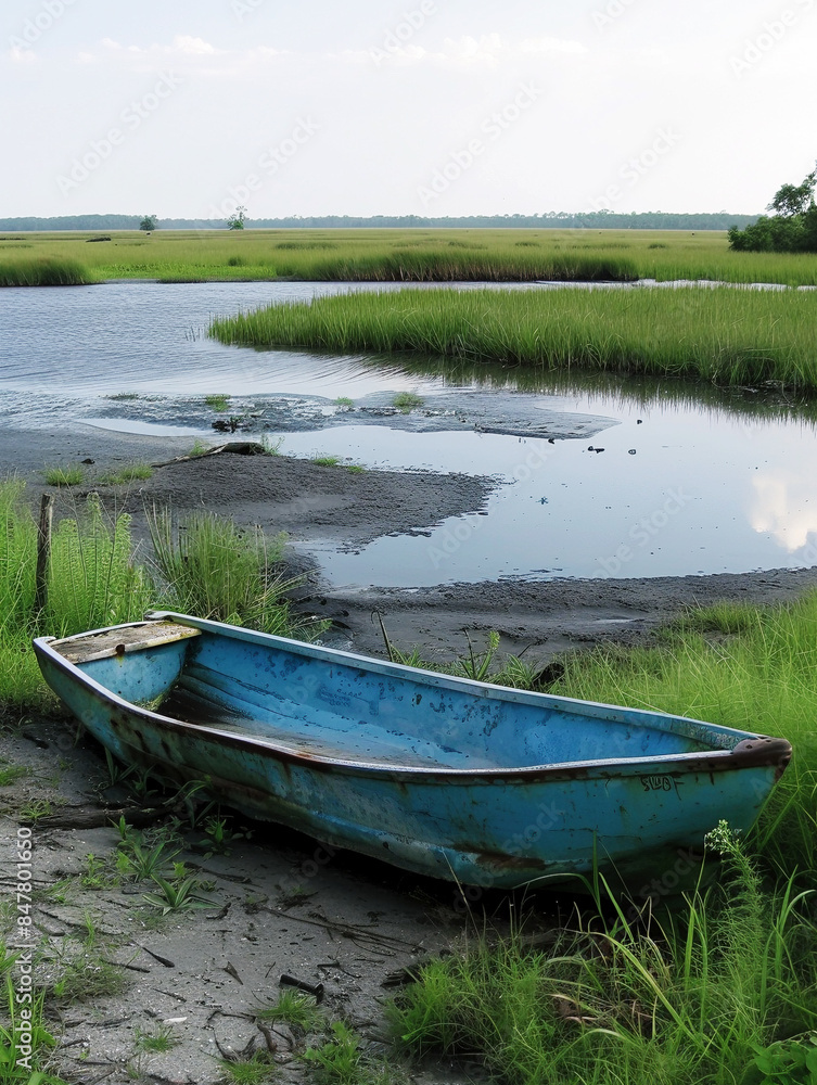 Blue Rowboat Sitting in the Grass Near a Calm Lake Blue Rowboat Sitting in the Grass Near a Calm Lake