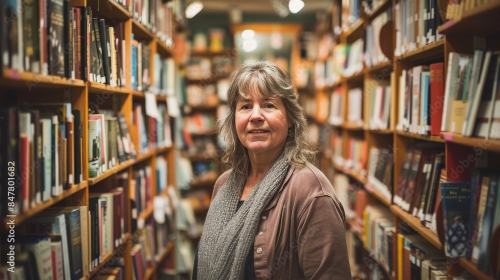 A woman stands in a bookstore, surrounded by towering bookshelves A woman stands in a bookstore, surrounded by towering bookshelves