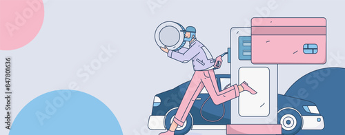 Vector Internet operation hand-drawn illustration of people getting discounts for refueling their cars
