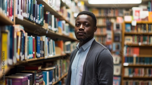 A young man, a bookstore trainee, stands in a bookstore, surrounded by rows of books