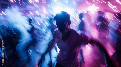 A male dancer performs on a nightclub dance floor, illuminated by colorful lights and surrounded by other dancers. The scene captures the energy and excitement of a night out