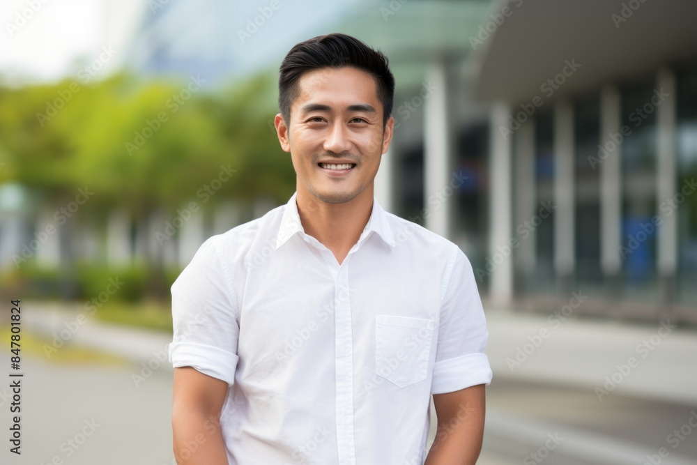 Portrait of a cheerful asian man in his 30s wearing a simple cotton shirt isolated on modern university campus background Portrait of a cheerful asian man in his 30s wearing a simple cotton shirt isolated on modern university campus background