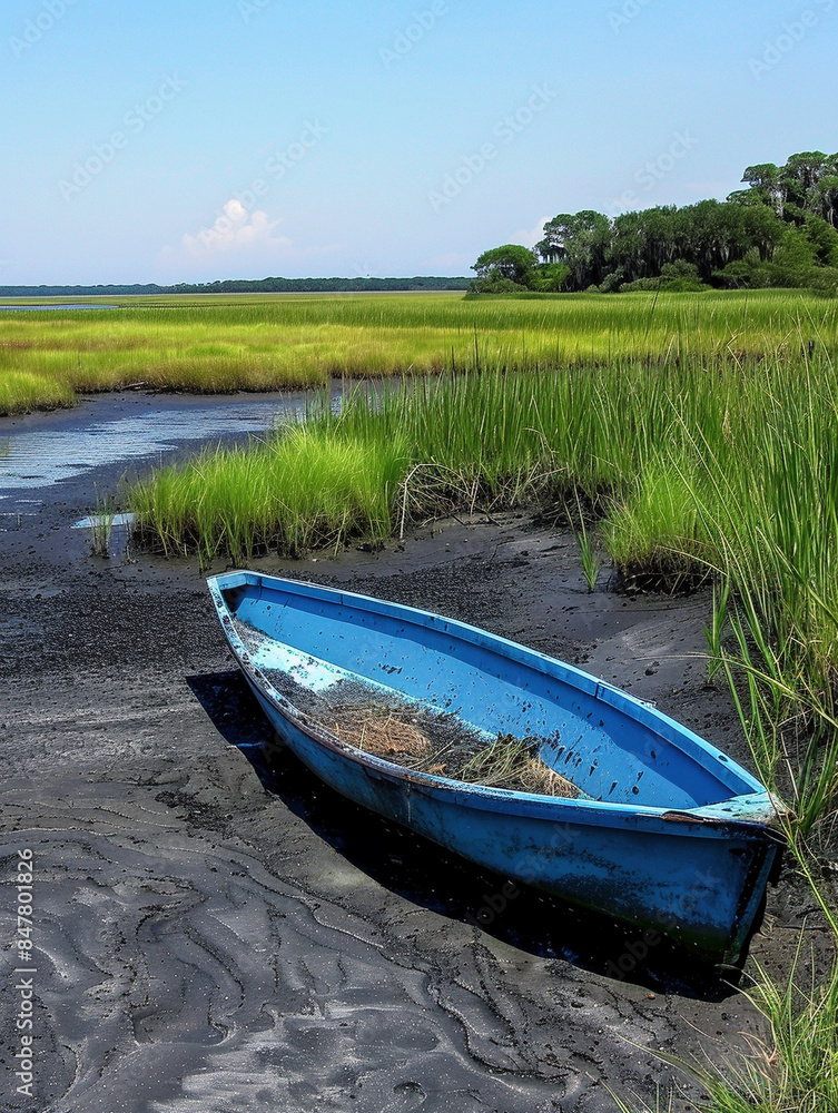 Abandoned Blue Rowboat in Marsh Landscape on a Sunny Day Abandoned Blue Rowboat in Marsh Landscape on a Sunny Day