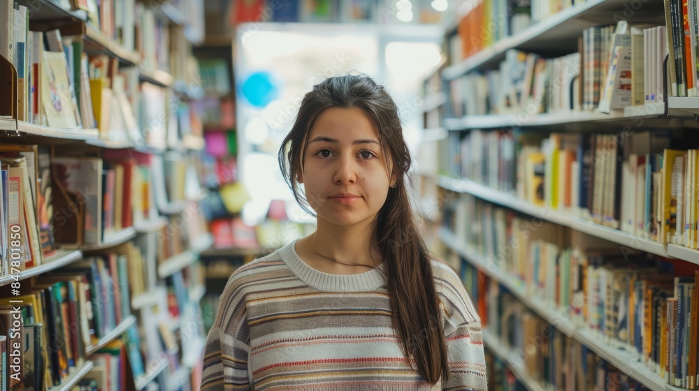 A young female apprentice bookstore worker stands amongst bookshelves, surrounded by a vast selection of literature A young female apprentice bookstore worker stands amongst bookshelves, surrounded by a vast selection of literature