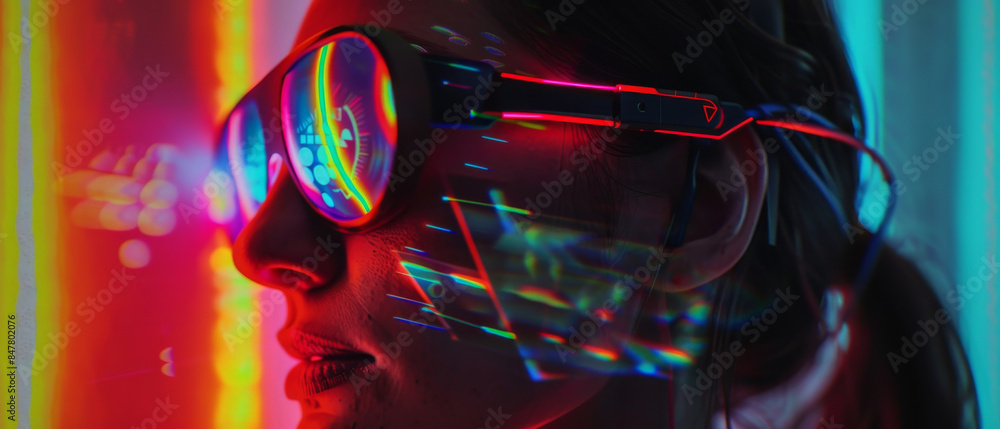 Close-up of a woman in futuristic neon glasses, reflections and lights creating a vibrant, cybernetic aesthetic. Close-up of a woman in futuristic neon glasses, reflections and lights creating a vibrant, cybernetic aesthetic.