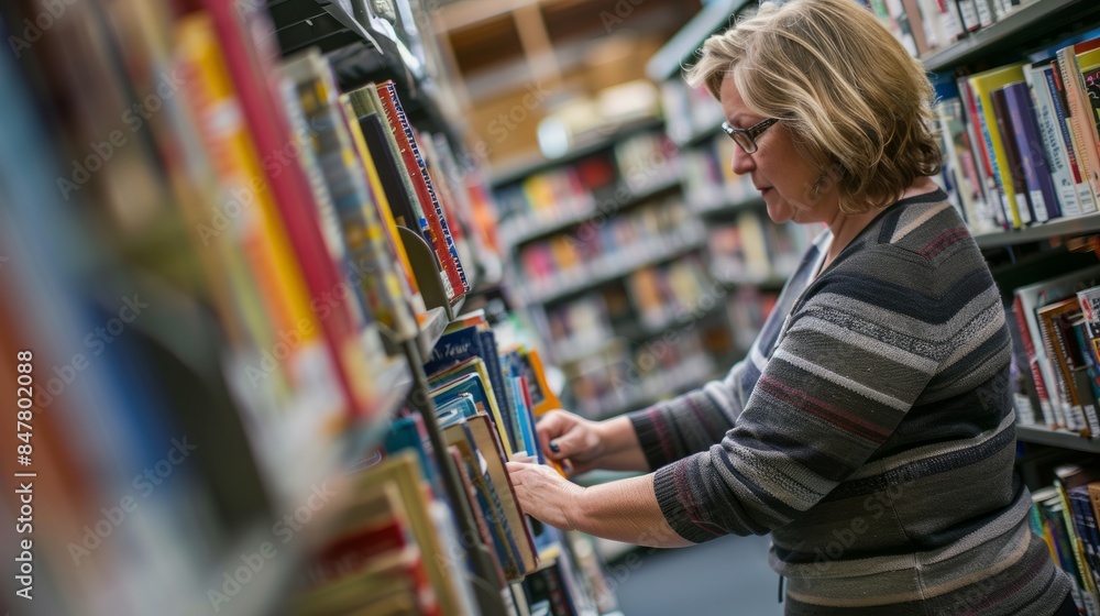 A librarian carefully organizes books on shelves in a well-stocked public library, ensuring all titles are in their proper place A librarian carefully organizes books on shelves in a well-stocked public library, ensuring all titles are in their proper place