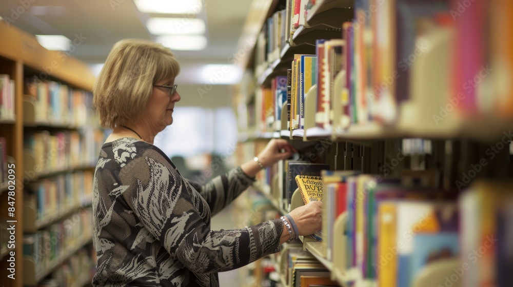 A woman librarian is carefully organizing books on shelves in a library, ensuring their order and accessibility for patrons A woman librarian is carefully organizing books on shelves in a library, ensuring their order and accessibility for patrons