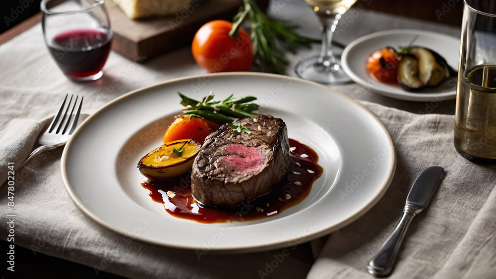 A gourmet dinner plate presentation featuring a high-end, multi-course meal. Include elements like a perfectly cooked steak, a side of roasted vegetables, and a gourmet sauce drizzle. A gourmet dinner plate presentation featuring a high-end, multi-course meal. Include elements like a perfectly cooked steak, a side of roasted vegetables, and a gourmet sauce drizzle.