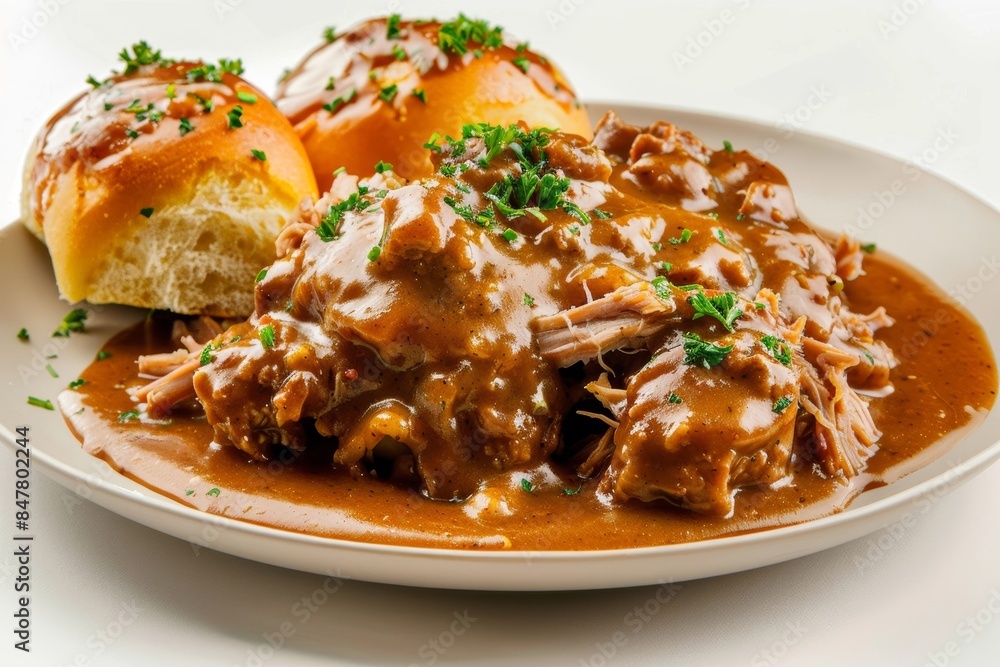 Delectable Pulled Pork with Buttery Gravy on Warm Dinner Rolls