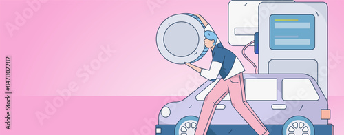 Vector Internet operation hand-drawn illustration of people getting discounts for refueling their cars
