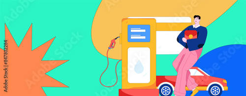 Vector Internet operation hand-drawn illustration of people getting discounts for refueling their cars
