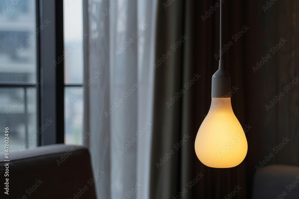 Glowing light bulb hanging in a modern interior with large windows Glowing light bulb hanging in a modern interior with large windows
