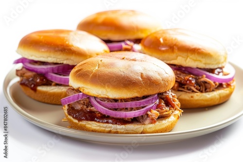 Succulent Pulled Pork Sandwiches with Toasted Buns and Red Onions photo