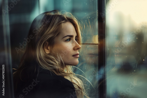 Businesswoman looking out window contemplating future opportunities