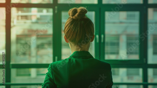 Businesswoman in green office looking out the window photo