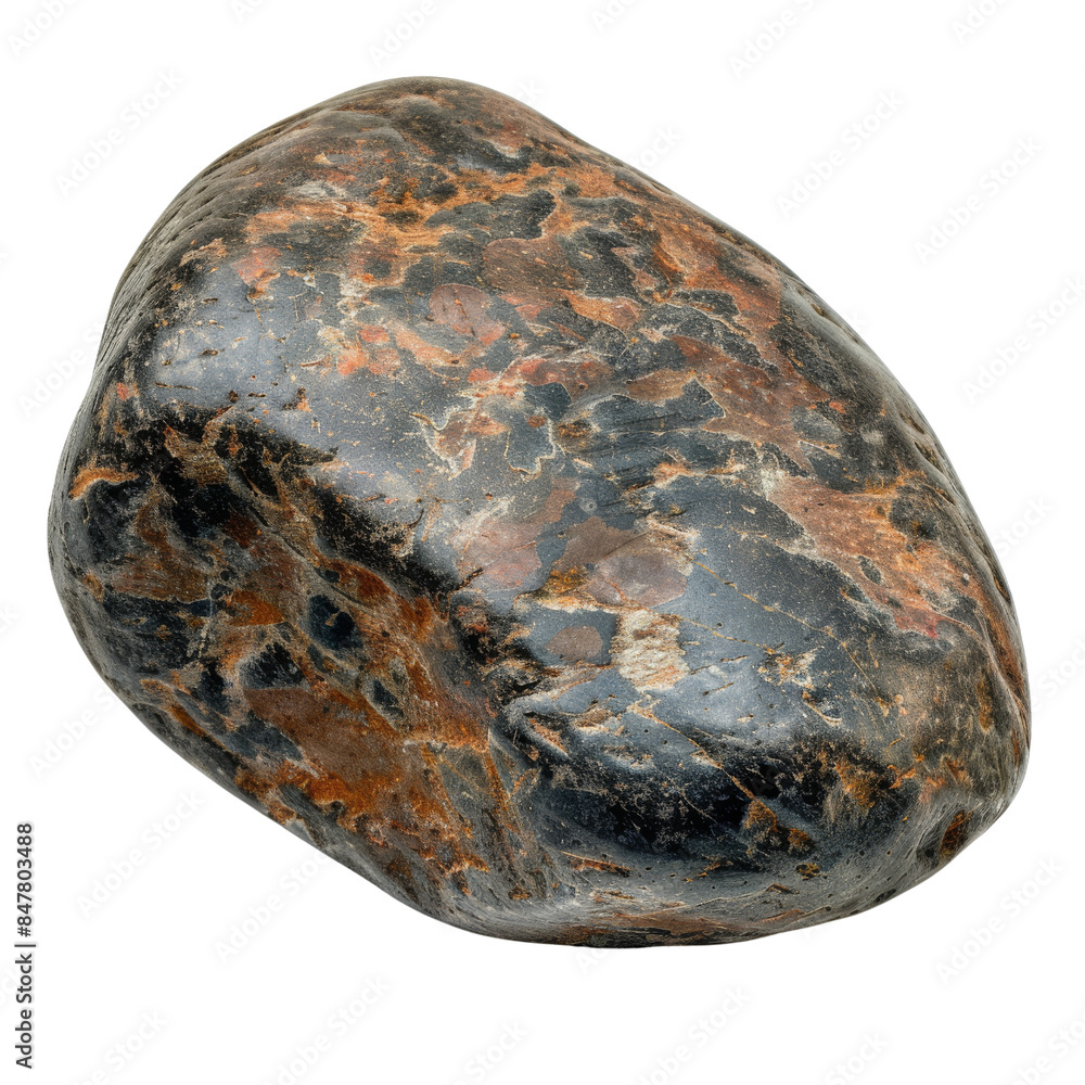 Close-up of a polished river stone with a mix of black, brown, and orange colors. Smooth texture, perfect for decoration or landscaping. Close-up of a polished river stone with a mix of black, brown, and orange colors. Smooth texture, perfect for decoration or landscaping.
