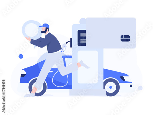 Vector Internet operation hand-drawn illustration of people getting discounts for refueling their cars
