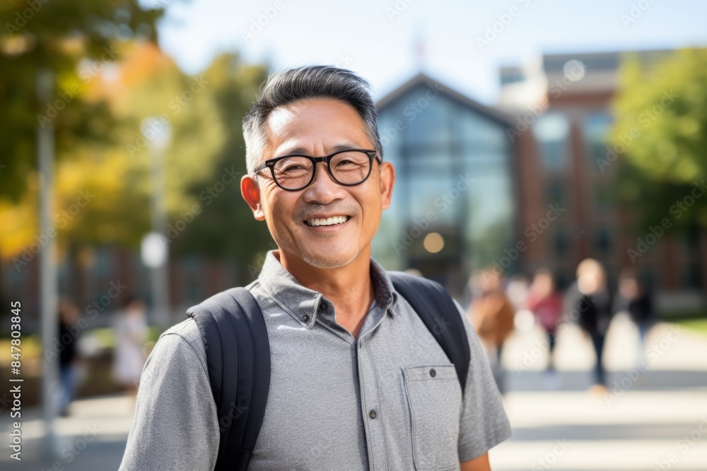 Portrait of a grinning asian man in his 60s wearing a trendy sunglasses on modern university campus background Portrait of a grinning asian man in his 60s wearing a trendy sunglasses on modern university campus background