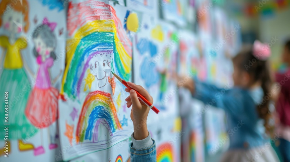 A girl is drawing a rainbow on a wall at school A girl is drawing a rainbow on a wall at school