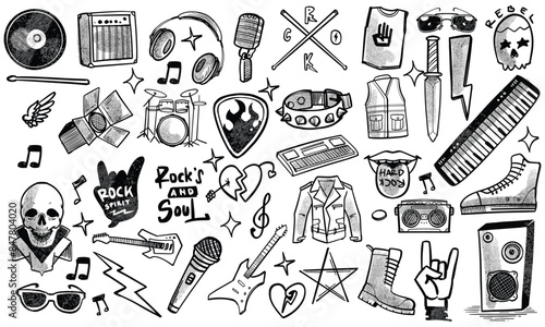 Hand drawn set of rock music doodle music instruments in doodle style isolated on white background.
