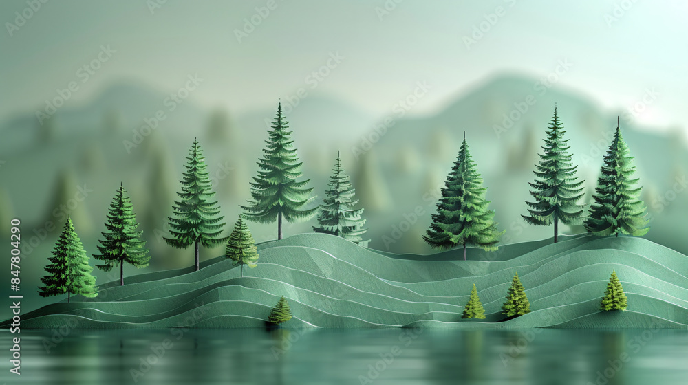 Obraz premium A minimalist 3D landscape where geometric shapes represent a stylized forest, with a focus on clean lines and patterns.