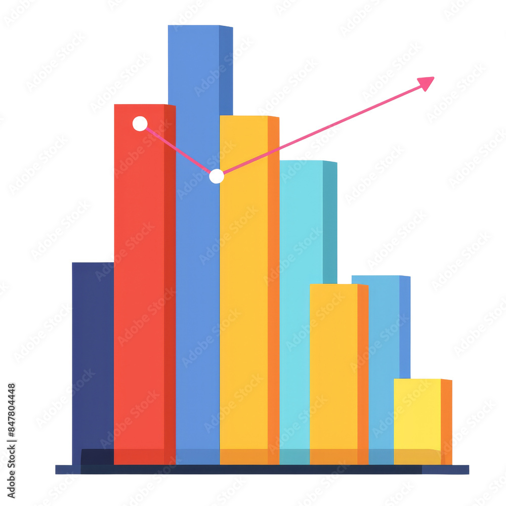 Colorful bar chart with an upward trend arrow, representing data analysis, growth, and progress in business or marketing. Colorful bar chart with an upward trend arrow, representing data analysis, growth, and progress in business or marketing.