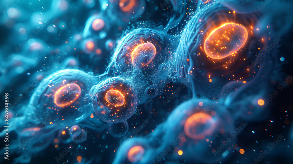 A captivating 3D scene where bioluminescent cells pulsate and glow beneath the surface of a transparent organism, bathed in an ethereal light. A captivating 3D scene where bioluminescent cells pulsate and glow beneath the surface of a transparent organism, bathed in an ethereal light.