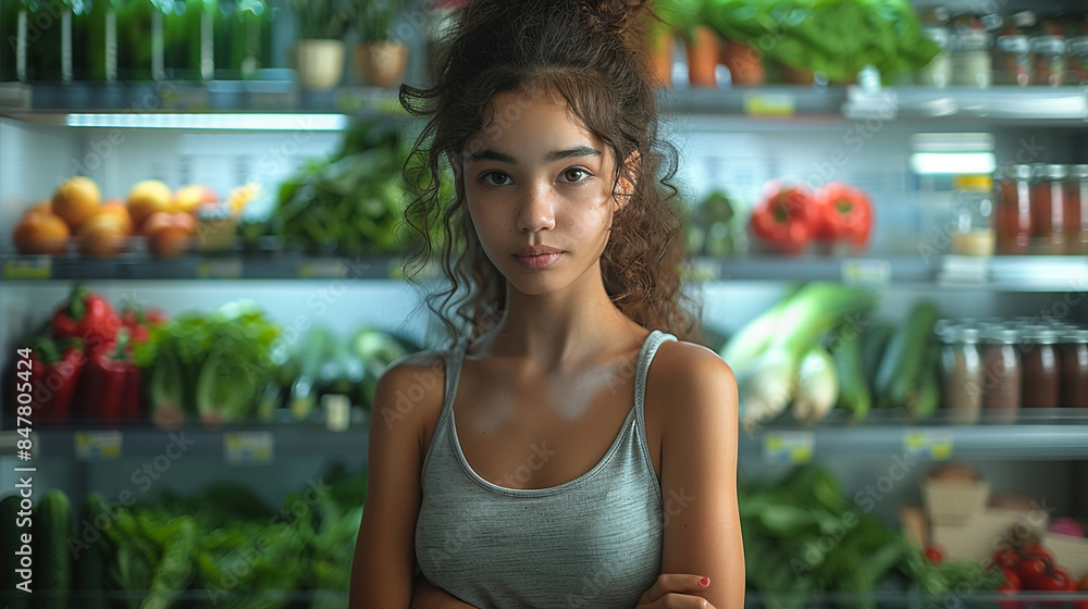 a girl stands next to vegetables and fruits a girl stands next to vegetables and fruits