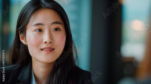 Portrait young confidence asian professional woman confidently presenting a new product in a sleek modern office.
