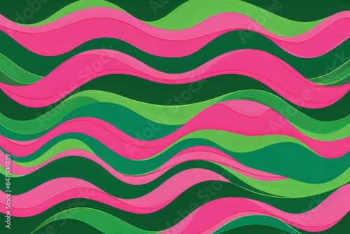 Colorful abstract design with green and pink wavy lines on a dark background