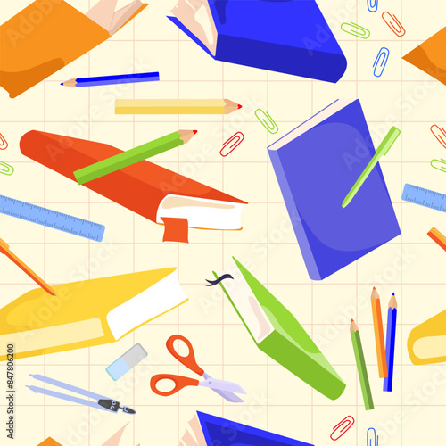 Seamless pattern with different books, textbooks and school supplies. Ideal for backgrounds, prints, textiles, packaging, wallpapers, educational and school decorations. Vector illustration