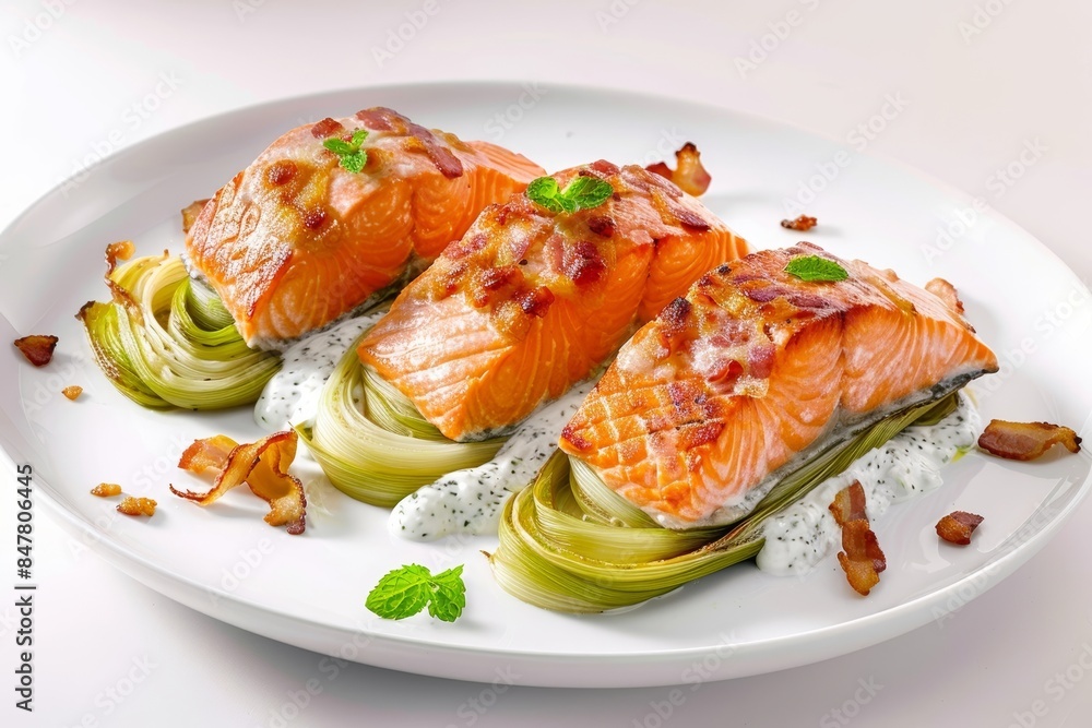 Deliciously Roasted Bacon-Wrapped Salmon on Creamy Leeks Deliciously Roasted Bacon-Wrapped Salmon on Creamy Leeks