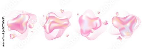 liquid glossy holographic 3d abstract shapes set of design elements, frames for text, emblems. Fluid shape bubbles with pink delicate tints.Abstract liquid splash vector illustration