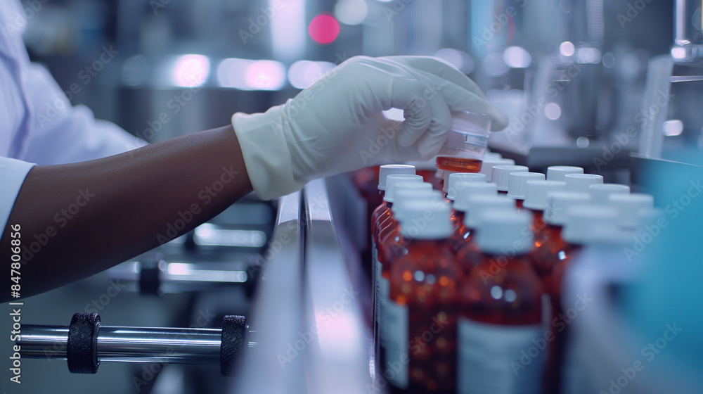 A Black pharmacist in sanitary gloves scrutinizes vials on a conveyor belt in a healthcare factory, ensuring high prescription drug standards. A Black pharmacist in sanitary gloves scrutinizes vials on a conveyor belt in a healthcare factory, ensuring high prescription drug standards.