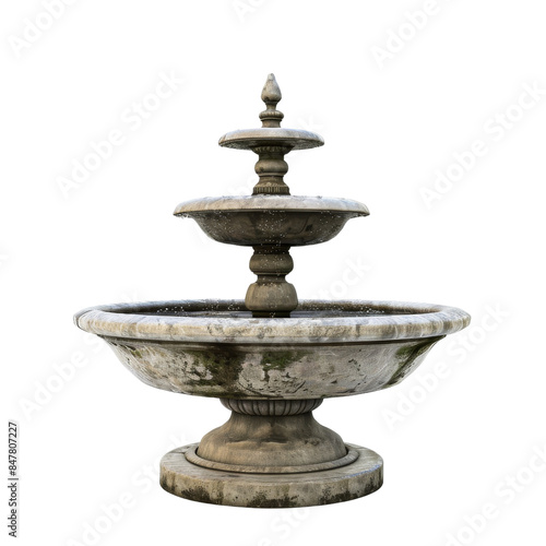 Vintage stone garden fountain isolated on white background. Three-tier water feature with ornate design, perfect for outdoor decor and landscaping.