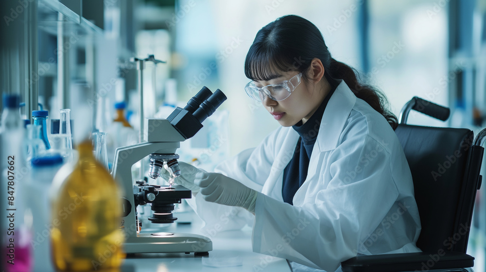 A disabled Asian scientist in a wheelchair carefully analyzes DNA samples under a microscope, conducting critical medical research for innovative cancer trials. A disabled Asian scientist in a wheelchair carefully analyzes DNA samples under a microscope, conducting critical medical research for innovative cancer trials.