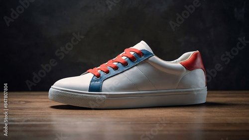 A mockup for a pair of designer sneakers. The sneakers should have a modern and trendy design with blank areas for branding. Position them on a clean, textured surface like concrete or wood.