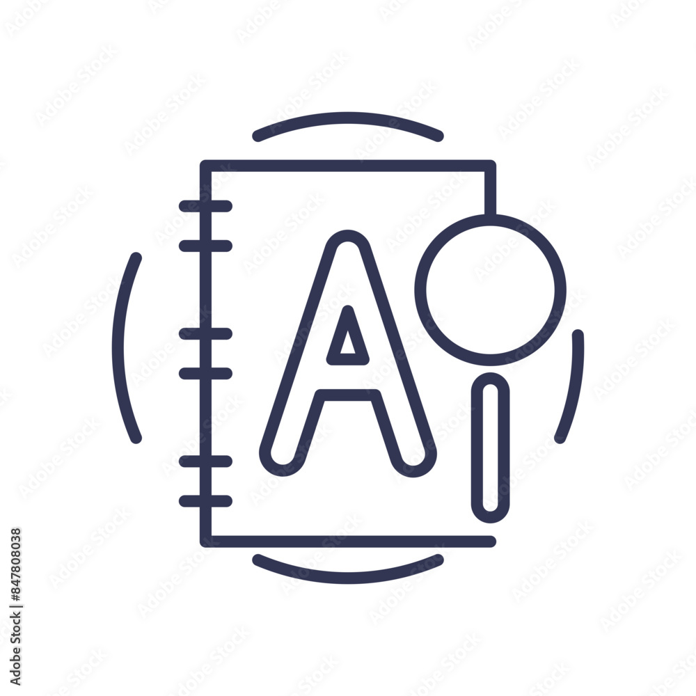 Icon of a large letter 'A' on a notebook with a magnifying glass. Icon of a large letter 'A' on a notebook with a magnifying glass.