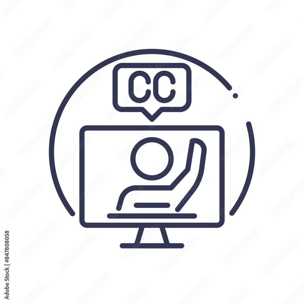 Icon of a person on a screen with a closed captioning symbol above. Icon of a person on a screen with a closed captioning symbol above.