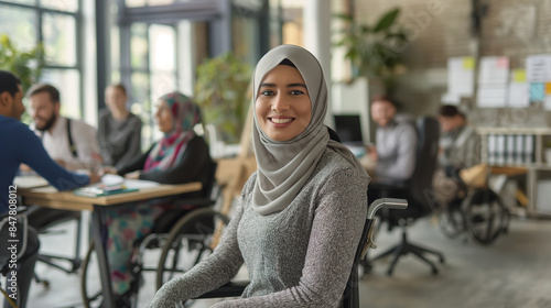 In a bustling office, a joyful Muslim woman connects with her diverse team of colleagues. A smiling hijabi woman in a wheelchair feels included in this accessible workplace.