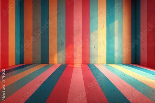 Colorful striped room interior with vibrant vertical and horizontal lines  creating a modern and cheerful atmosphere