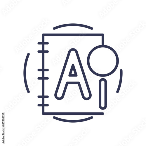 Icon of a large letter 'A' on a notebook with a magnifying glass.