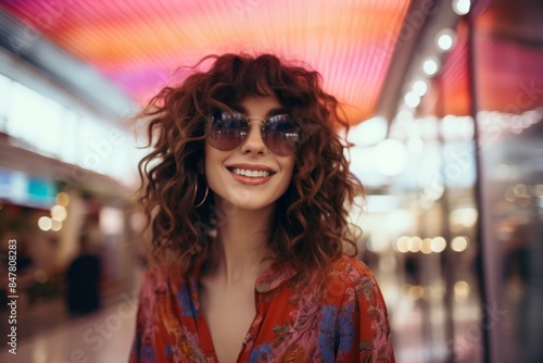 Portrait of a glad woman in her 30s wearing a trendy sunglasses in vibrant shopping mall background © CogniLens