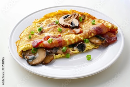 Delectable Bacon and Mushroom Omelet on a White Plate