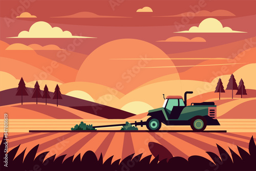 The foreground shows: a combine harvester and a tractor, both busy harvesting crops. The background consists of undulating hills, fields in different shades of orange and yellow