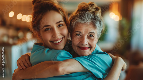 A portrait of a cheerful woman nurse hugging her senior patient, highlighting the tender bond in an elderly care house.