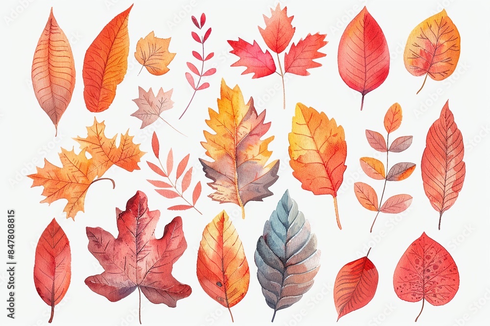 A colorful fall leaves clipart, Thanksgiving element, hand drawn illustration, pastel, isolated on white background A colorful fall leaves clipart, Thanksgiving element, hand drawn illustration, pastel, isolated on white background