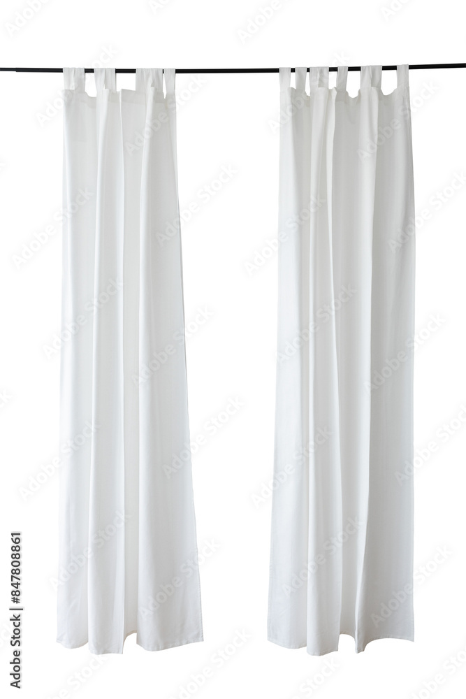 White drapery hanging from a curtain rod design element White drapery hanging from a curtain rod design element