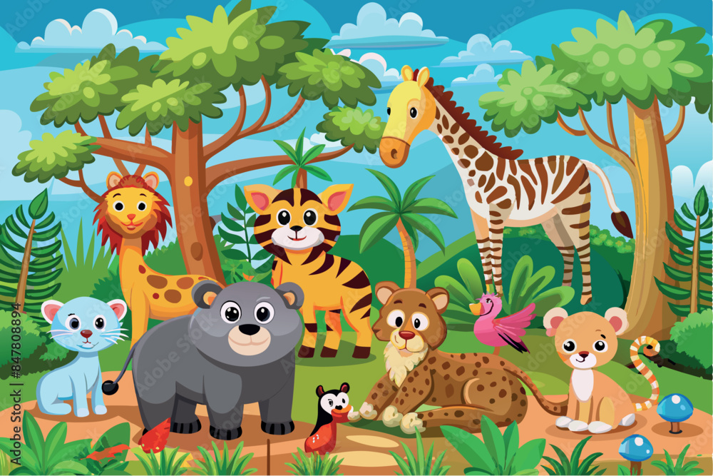 Fototapeta premium of a picturesque forest scene. It depicts various animals and plants. Here you can see a giraffe, a fox, an owl, a bear cub and a leopard. Birds fly in the sky