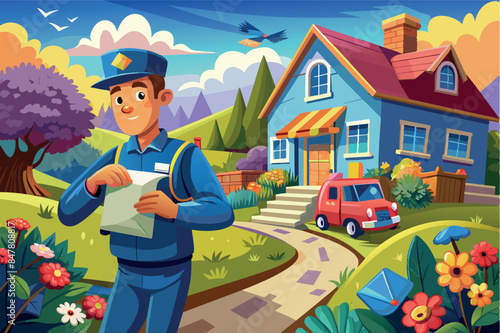 the letter carrier delivered a letter to the residents of the house.  All of this gives a peaceful and idyllic impression, implying a quiet suburban life